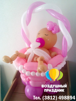 Малышка в корзинке из воздушных шаров